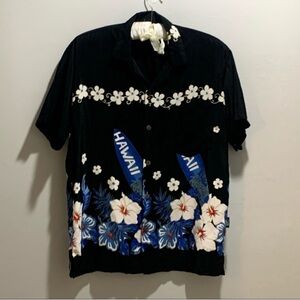 Excellent Mens Black Hawaiian Shirt Size Large Uluwatu Tropical Floral Hawaii